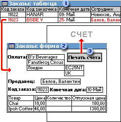 Форма, отображающая одну запись сведений и кнопку «Печать счета».